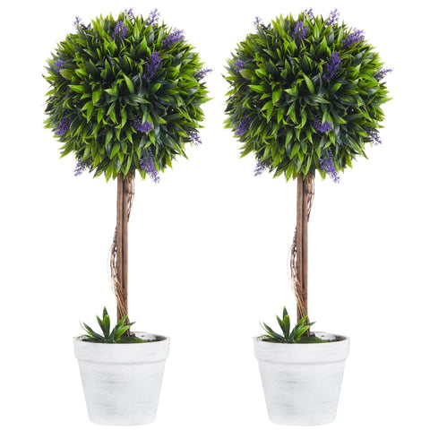 Rootz Set Of 2 Artificial Plants - Including Planter And Artificial Moss - Artificial Lavender Stems - White + Green + Purple - 24cm x 24cm x 60cm
