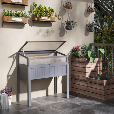 Rootz - Raised Greenhouse - Elevated Greenhouse - 2-in-1 Wood Greenhouse - With Elevated Garden Box - Raised Bed - Openable Top For Flowers - Grey - 120 x 54 x 112/122 cm