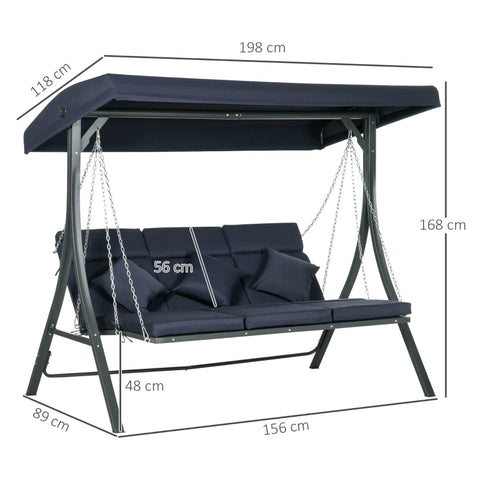 Rootz Porch Swing For 3 People - Hollywood Swing - Seat Cushions - Adjustable Sun Canopy - Up To 270 Kg - Dark Blue - 198 x 118 x 168 cm