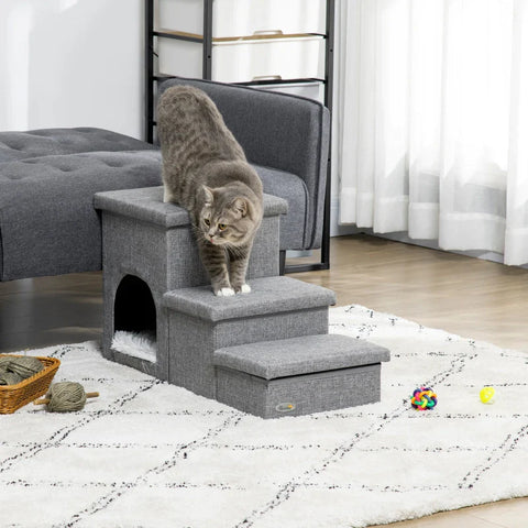 Rootz Pet Stairs - With Pet Bed - With Hidden Storage - Dog Stair - Light Gray  - 73.5cm x 33cm x 40.5cm