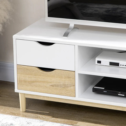 Rootz TV Bench With 4 Drawers - 2 Compartments - Cable Opening - Chipboard - Natural + White - 120 cm x 40 cm x 44.5 cm
