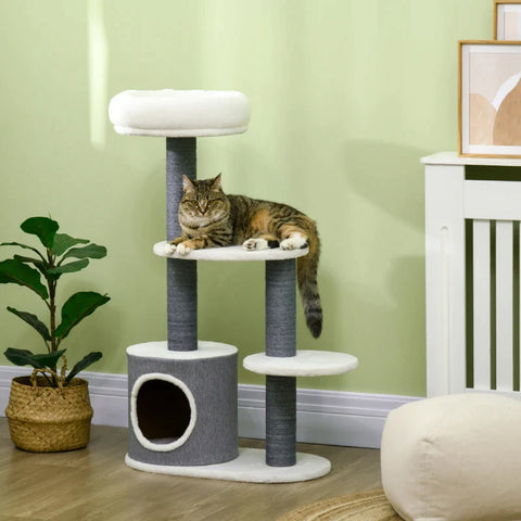 Rootz Scratching Post With 1 Cat Cave - 1 Cat Bed - 2 Platforms - Jute Rope Posts - Chipboard - Imitation Linen - White + Gray - 55.5L x 30.5W x 98H cm