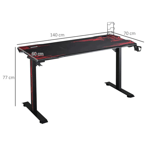 Rootz Gaming Table - Gaming Table Desk With Headphone Hook - Drink Holder - Computer Table With Mouse Pad - Black + Red - 140 x 70 x 77 cm
