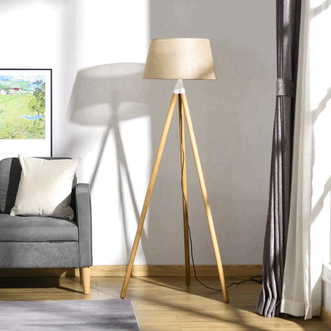 Rootz Floor Lamp - Floor Lamp In A Tripod Design - Buswood And Linen - Living Room Lamp - Bedroom Lamp - Office Lamp - Sand - 67x 67 x 154 cm
