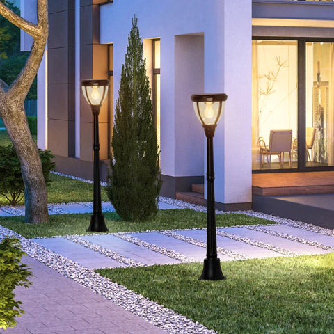 Rootz Garden Lamp Post Light - Vintage Style Solar Outdoor Pole Light - Pole Light - Outdoor Lamp - Aluminum, Tempered Glass - Black - 26 x 26 x 130 cm