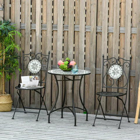 Rootz 3 Pcs Mosaic Tile Garden Bistro Set - garden seating group - Table - 2 Folding Chairs Set - Balcony - Grey