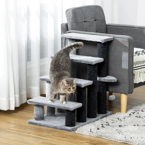 Rootz Pet Stairs - Cat Stairs with Scratching Post - 4-Step Dog Stairs - Animal Stairs - Chipboard - Plush - Grey - 60 x 40 x 64 cm