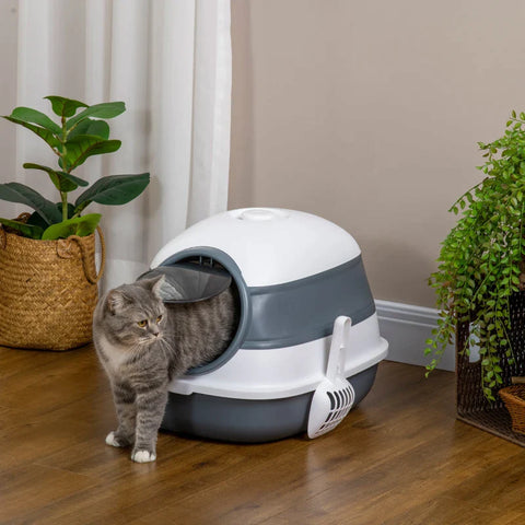 Rootz Cat Litter Box - With Litter Scoop - Entrance With Floor Grid - Removable Lid - White + Gray - 52 x 41 x 38 cm