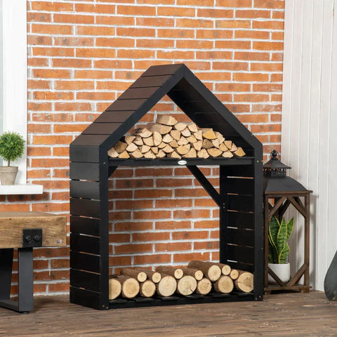 Rootz Firewood Rack - Firewood Shelf With Two Shelves - Weatherproof Varnish - Stable Cross Braces - Fir Wood - Black - 92 x 35.5 x 121.5 cm