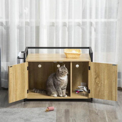 Rootz Litter Box - Cat Cabinet - Cat Wheel - Litter Box Side Table - Cat House - Cat Dresser Cabinet - Chipboard/Steel - Natural Wood - 82.3 x 51 x 54 cm