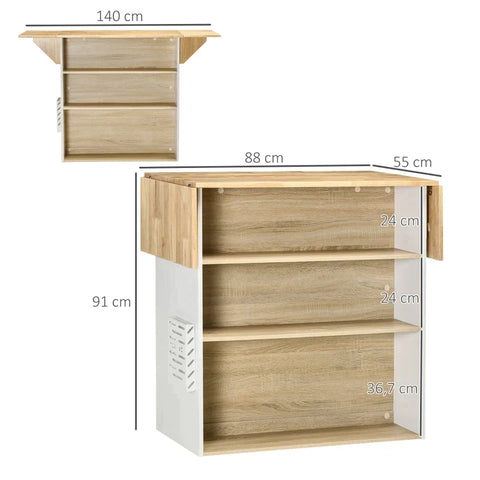 Rootz Kitchen Island - 2 Folding Tables - 3 Shelves - Knife Holder - White + Natural - 140cm x 55cm x 91cm