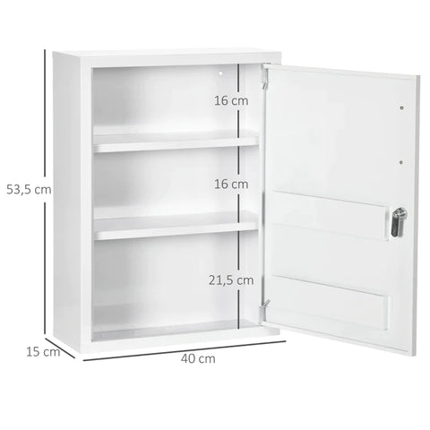 Rootz Medicine Cabinet - 3 Compartments - Lockable - With Prescription Compartment - Sturdy Steel Housing - White - 40 x 15 x 53.5 cm