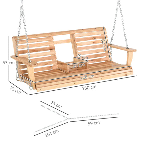 Rootz Hanging Bench - Swing Bench - 3-seater Rocking Chair - Hanging Bench With Folding Table And Cup Holders - Natural Wood - 150 x 75 x 53 cm