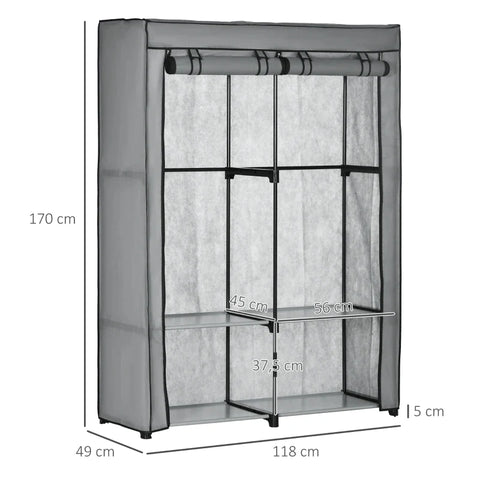 Rootz Fabric Wardrobe - Portable Fabric Cabinet - Foldable Coat Rack - 4 Shelves - 2 Hanging Rails - Steel+Non-woven - Light Grey -  118 x 49 x 170 cm