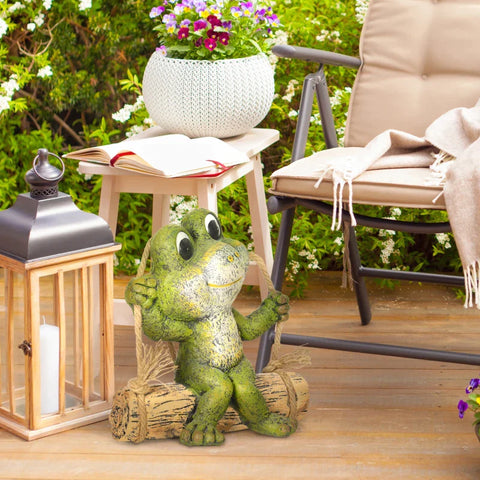 Rootz Little Frog - Garden Ornament - Garden Decoration - Weather Resistant With Solar Light - Magnesium Oxide - Green + Brown - 34cm x 20.5cm x 37cm