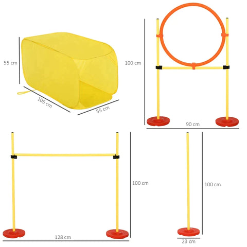 Rootz Dog Agility Set - 4 Obstacles - Training Set - High Jump - Tunnel - Jump Ring - Red+Yellow