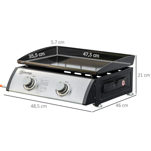Rootz Gas Grill with 2 Burners - Hose - Non-Stick Grill Plate - Stainless Steel - Silver - 48.5 x 46 x 21 cm