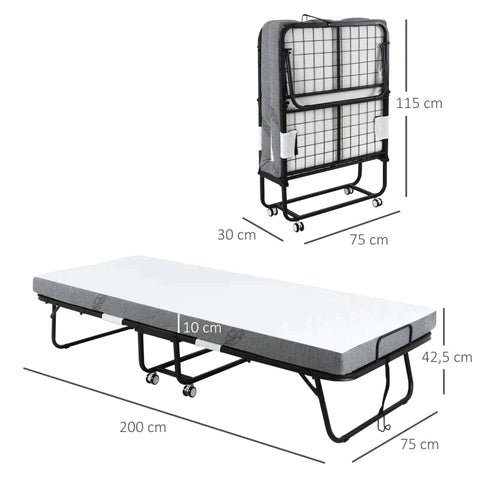Rootz Folding Bed - Guest Bed - Portable Foldable Guest Bed - With Sturdy Metal Frame - Steel/Sponge/Fabric/Polyester - White/Black - 200 x 75 x 42.5 cm