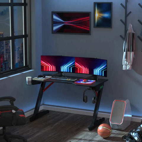 Rootz Gaming Table - Computer Table - With Led Light - Desk - With Drink Holder - Black - 120 x 60 x 73 cm