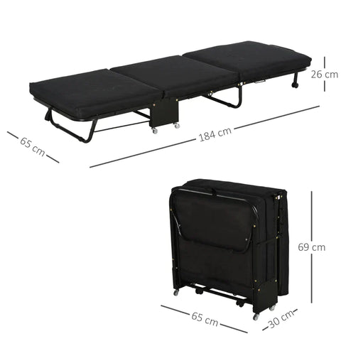 Rootz 2-in-1 Folding Bed - Guest Bed - Foldable - Adjustable - Headboard Height With Castors - Black
