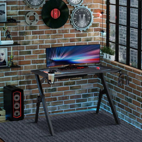 Rootz Gaming Table - Desk with Headphone Hook - Drink Holder - R-Shaped Computer Desk - Metal - Black/Blue - 110 x 59 x 75 cm