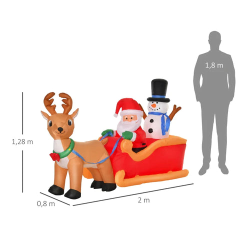 Rootz Inflatable Santa Claus on Sleigh - with Snowman - Christmas Decoration - LED - Weatherproof - Polyester - Red + Yellow - 200 x 80 x 128 cm