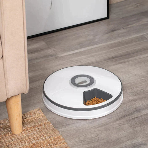 Rootz Pet Feeder - 6 Compartment Pet Feeder for Cats - Pet Feeder with Digital Timer - LED Display - White + Grey - Ø30.5 x 7.2H cm