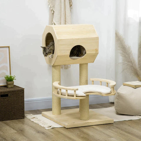 Rootz Scratching Post - Cat House - Three Scratching Posts - Cat Tree - With Lounger - Washable Lounger Cushions - Pine Wood - Natural Wood - 59.5 x 59.5 x 92cm