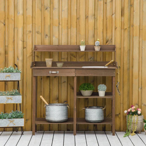 Rootz Planting Table - Planting Table With Tray - Fir Wood - Brown - 117 x 45 x 121 cm