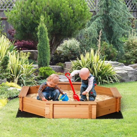 Rootz Sandbox - Sandpit with Cover - Octagonal Solid Wood Sandpit - Bottomless Design for Children - Red + Blue - 139.5 x 139.5 x 21.5 cm
