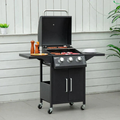 Rootz Gas Grill - BBQ With 3 Burners - Mobile Grill Trolley With 4 Wheels - Grill Net - Side Tables - Pressure Reducer - Hoses Cabinet - Multifunction - Steel - Black - 121 x 55 x 109 cm