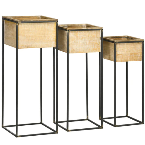 Rootz Set of 3 Plant Stands - 3 Sizes - Metal Frame - Rustic Wood Look - Square Flower Boxes - Fir Wood - Natural Wood - 30cm x 30cm x 81cm