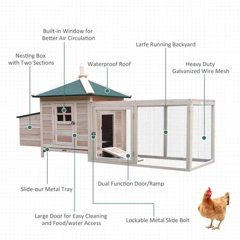 Rootz Chicken House - Chicken Coop - Small Animal Cage - Animal Cage - Wooden - 196 x 76 x 97 cm