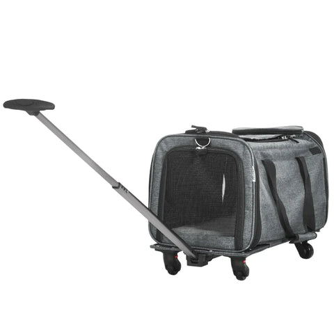 Rootz 3 In 1 Pet Trolley - Pet Transport Bag - Pet Car - Telescopic Handle - 2 Pockets - Grey + Black - 50L x 31W x 37H cm