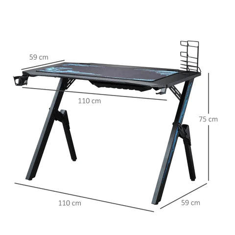 Rootz Gaming Table - Desk with Headphone Hook - Drink Holder - R-Shaped Computer Desk - Metal - Black/Blue - 110 x 59 x 75 cm
