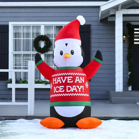 Rootz Inflatable Penguin - Christmas Penguin - Christmas Decoration with Lights - Weatherproof - Polyester - White + Black + Red + Green - 112 x 93 x 188 cm