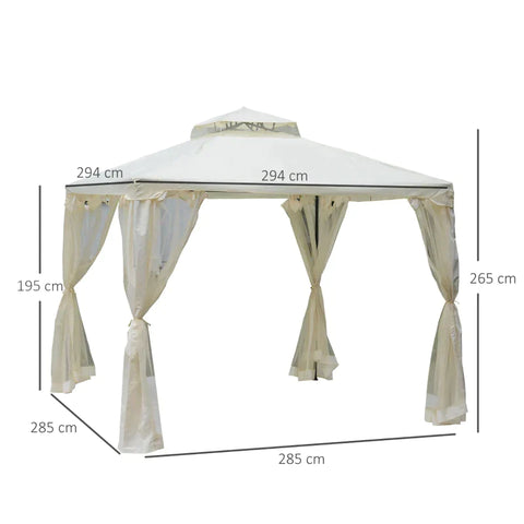 Rootz Gazebo - Garden Pavilion - Pavilion Marquee - Party Tent - With 4 X Side Wall - Weatherproof - Metal/Polyester - Cream White - 2.94 x 2.94 x 2.65 m