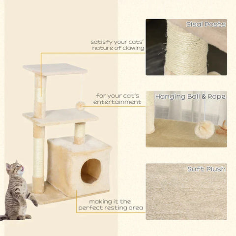 Rootz Scratching Post - Cat Tree Tower - Sisal Cat Tree - Sisal Scratching Posts - Beige - 50 x 30 x 80 cm