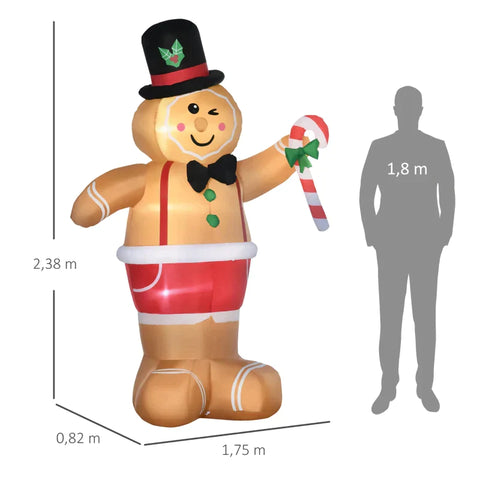Rootz Christmas Decorations - Gingerbread Man Candy Cane - Inflatable Large Includes Blower - Brown - 175 x 82 x 238 cm