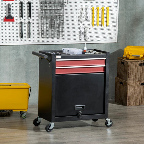 Rootz Workshop Trolley - Tool Trolley - Cabinet - 4 Wheel 2 Drawer 1 Cabinet - Steel - Red/Black - 62cm x 33cm x 74cm