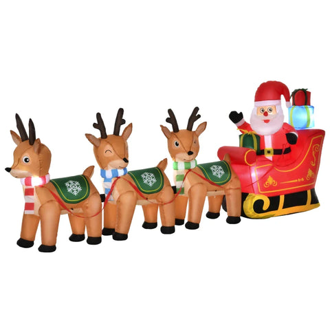 Rootz Inflatable Santa Claus on Sleigh - with 3 Deers - 1.3m Christmas Decoration with Lights - Christmas Gardens Decoration - Automatic - Inflation - Weatherproof - Polyester - Brown + Red + Green - 319 x 59 x 132 cm