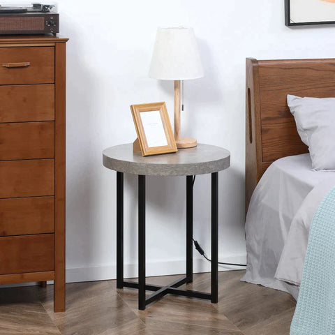Rootz Side Table - Coffee Table - Round - Cement Look - Metal Frame - Living Room - Bedroom - Black - 48 x 48 x 56.5cm