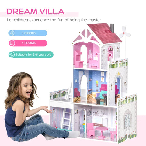 Rootz Wooden Dollhouse - Kids Dollhouse - Dreamhouse Villa - With Furniture Accessories - Pink - 60 x 29 x 85 cm