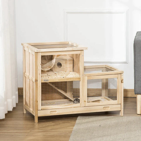 Rootz Small Animal Cage - Small Animal Hutch - Rodent Cage - With Ramp - Guinea Pig Hutch - Wooden Cage - Mouse Cage - Fir Wood - Natural - 78 x 41.5 x 60 cm