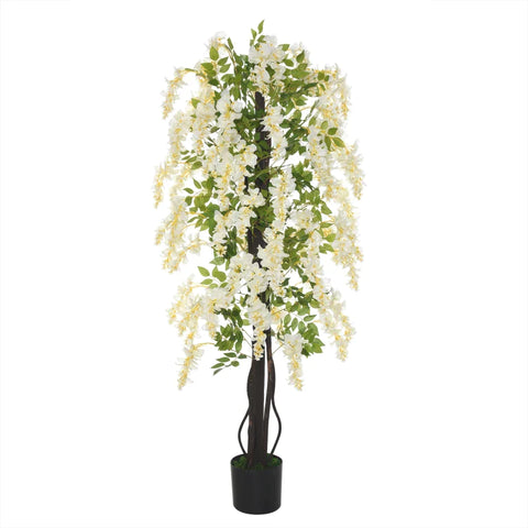 Rootz Artificial Plant with White Wisteria Decoration - 1.65 m Artificial Plants in Pot - Artificial Tree Decoration - Plastic - Cement - White + Green - 24 x 24 x 165 cm