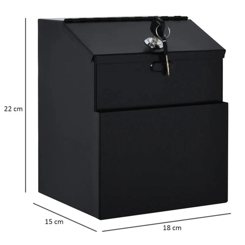 Rootz Suggestion Box - Donation Box - Letter Box - Mailbox With Lock - Collection Box - Key Box - Wall Mounting Steel Mailbox - Black - 15 x 18 x 22 cm