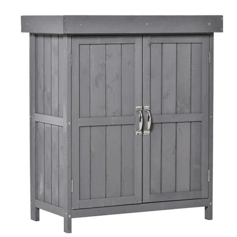 Rootz Equipment Cabinet - Double Door - Hinged Lid - 2 Shelves - Weatherproof - Natural Wood - Gray - 74 x 43 x 88cm