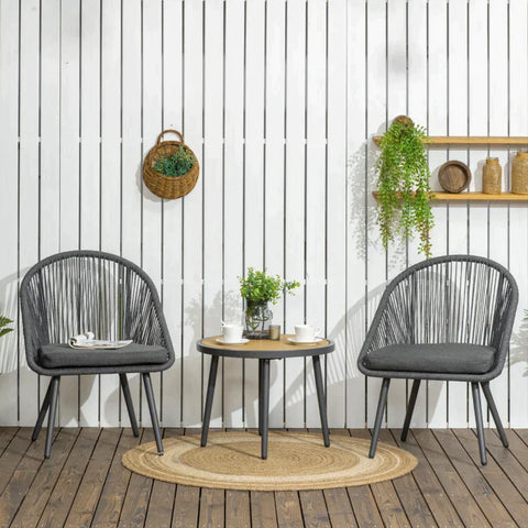 Rootz Bistro Set - 1 Table 2 Chairs - PE Rattan - Weather Resistant - Dark Gray - 63cm x 62cm x 82cm