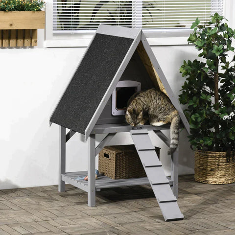 Rootz Cat House - 2 Tier Cat House - Cat Cave - 1 Ramp - Weather Resistant - Dark Gray + Black - 72.5L x 61W x 111H cm
