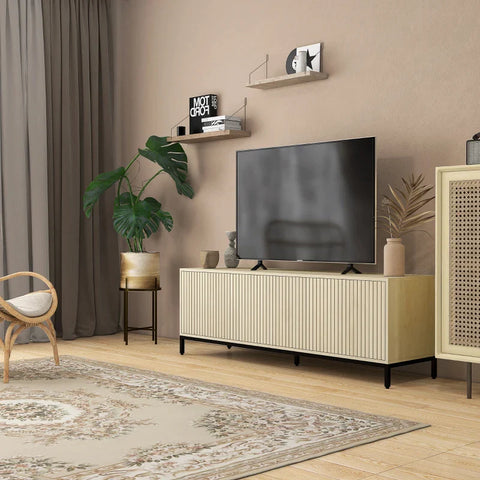 Rootz Tv Bench - Scandi Design - 3 Cabinet Compartments - Storage Space - Adjustable Shelves - Cable Management - Chipboard - Natural - 150 x 40 x 51 cm